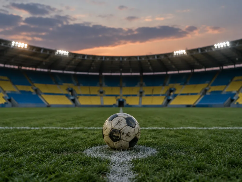 En sliten fotboll på mittpunkten i en tom arena med gula och blå läktare i skymningen