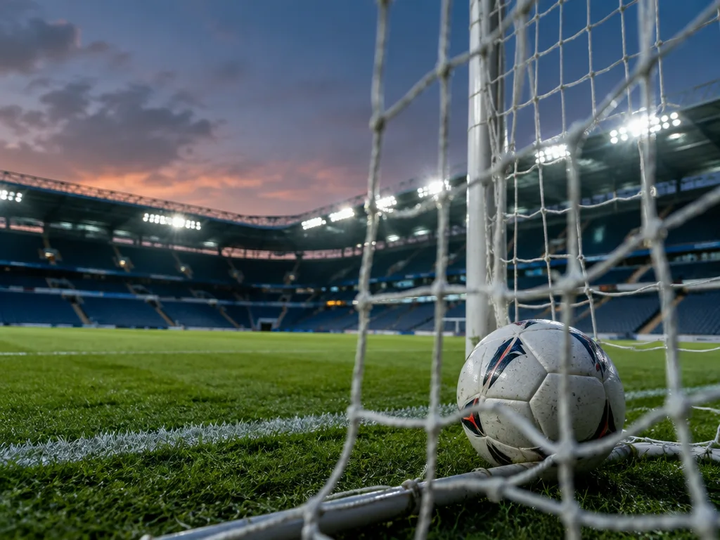 En fotboll i målnätet på en upplyst engelsk fotbollsarena i skymningen