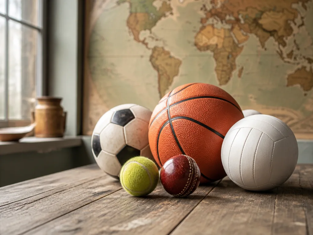 Fotboll, basketboll, cricketboll, tennisboll och volleyboll på ett träbord bredvid en gammal världskarta