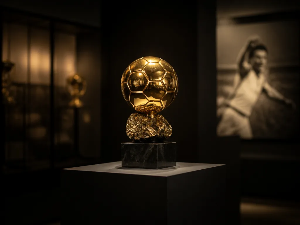 En guldfärgad fotbollstrofé uppställd på en piedestal i ett svagt upplyst museirum
