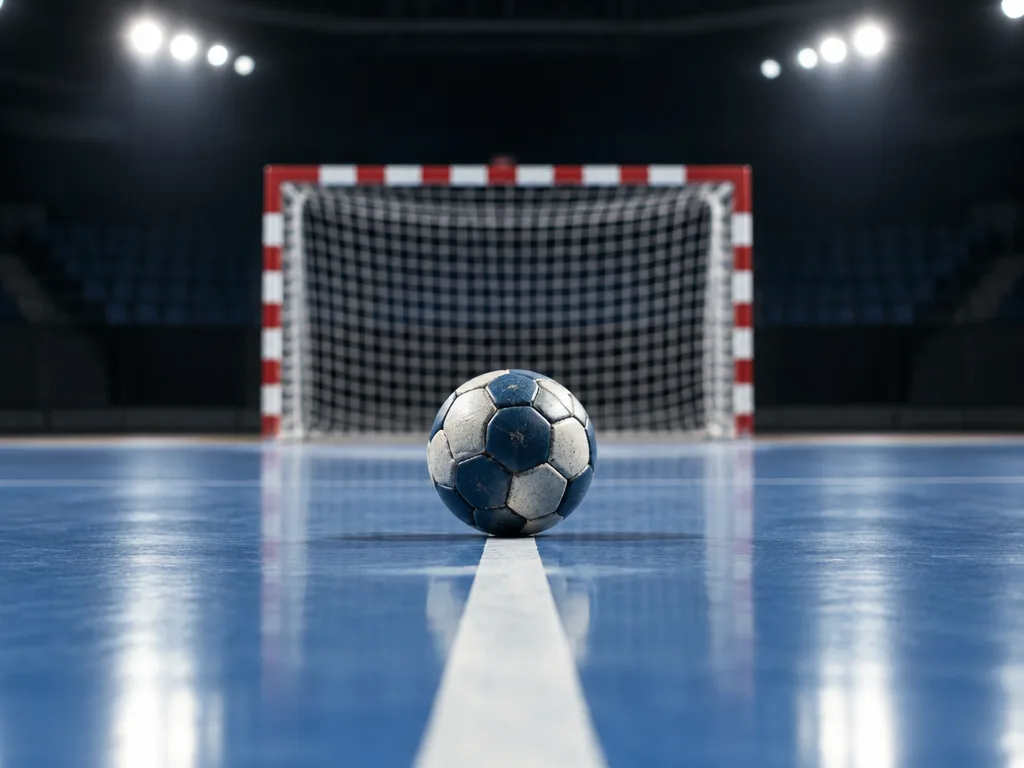 En handboll på mittlinjen i en tom inomhushall med målet i bakgrunden