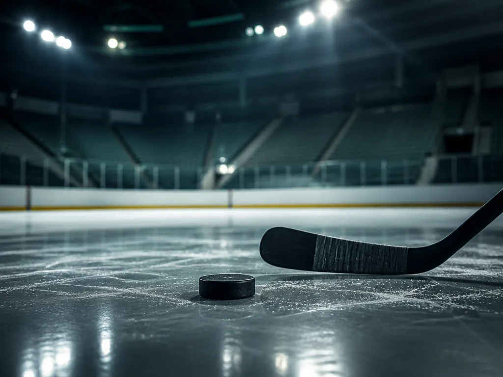 En ishockeyklubba och puck på isen i en tom NHL-arena