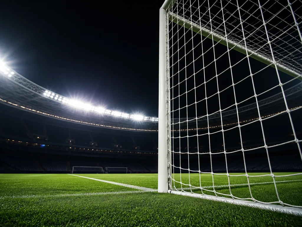 Ett fotbollsmål med nät i skymningsljus på en tom stadion
