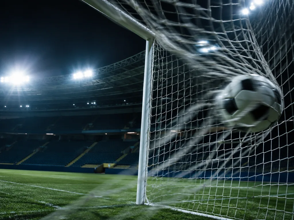 En fotboll slår i nätet bakom målet på en strålkastarbelyst arena med tomma läktare