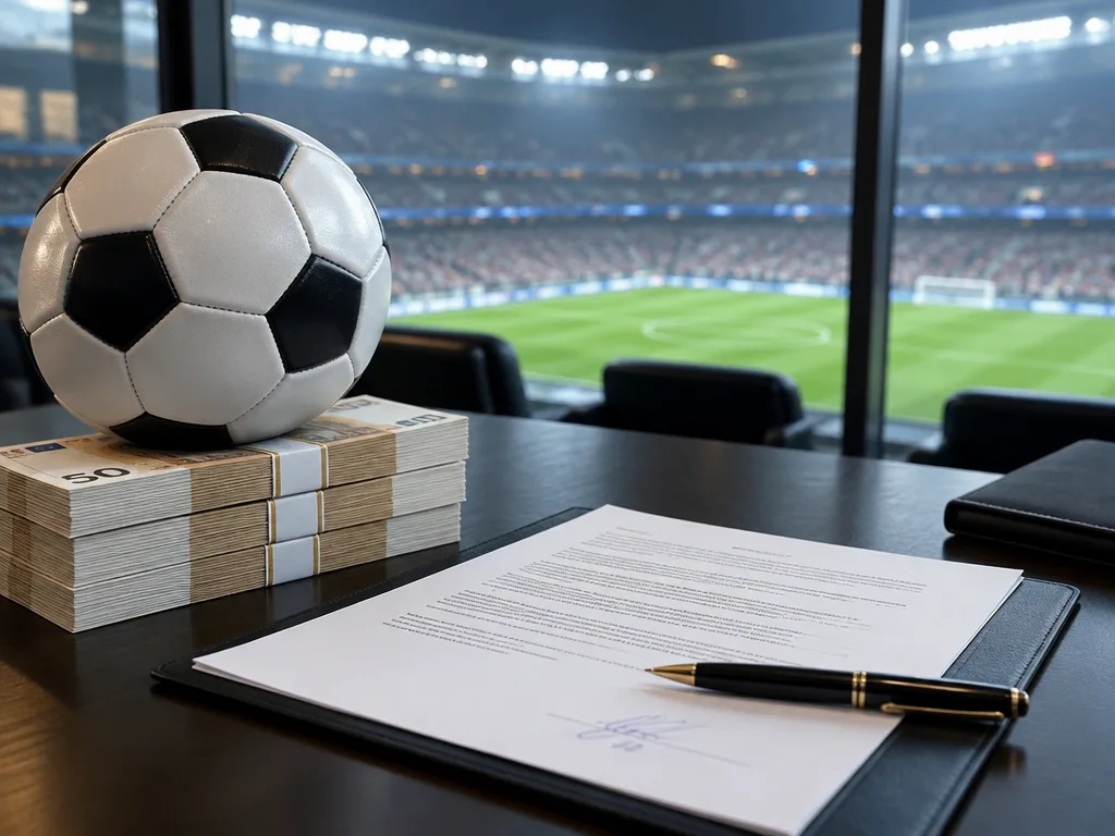 En fotboll på en bunt sedlar bredvid ett påskrivet kontrakt i en loge med utsikt över en upplyst fotbollsarena