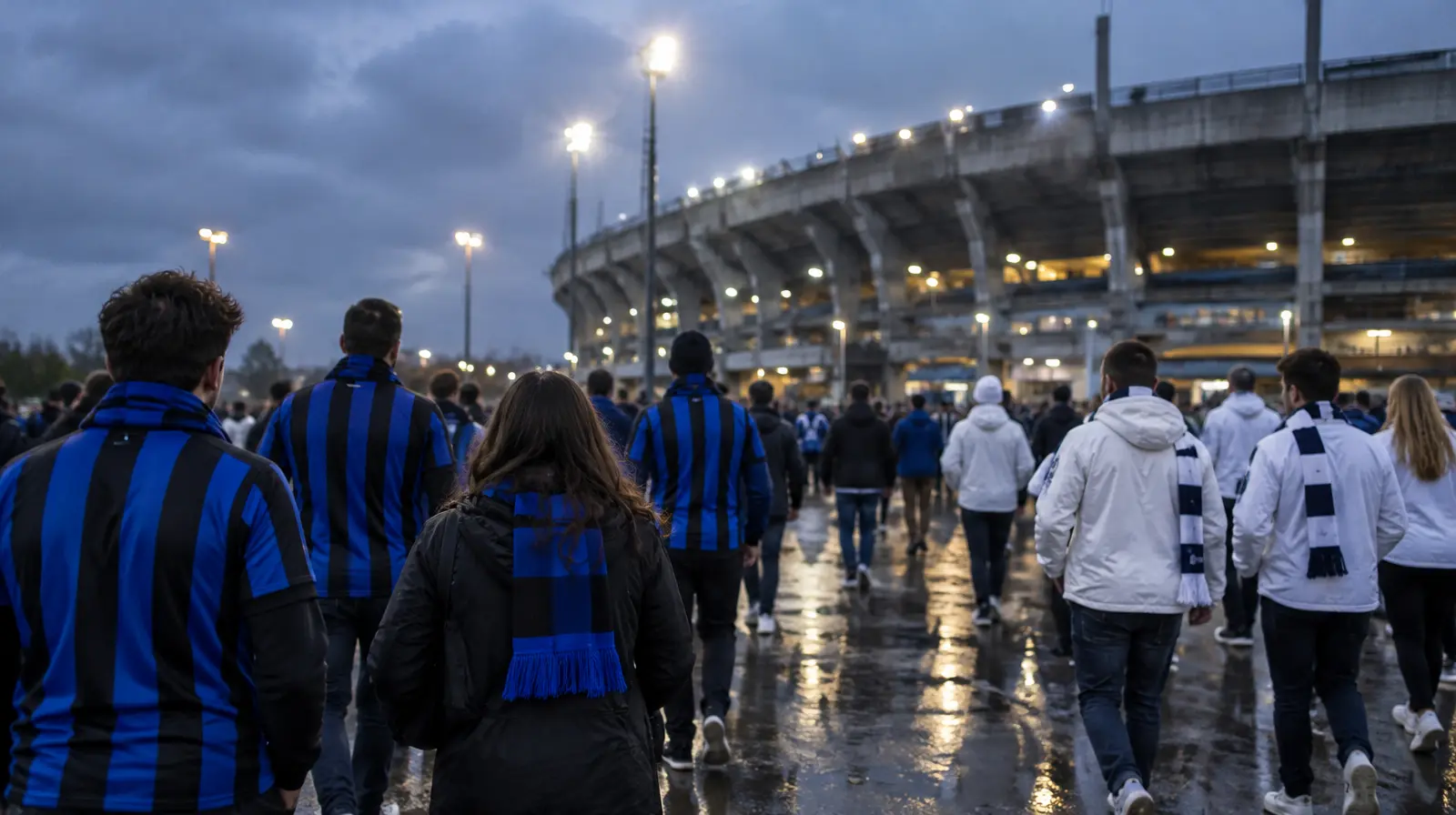 Supportrar i svart och blått går mot arenan i kvällsljus