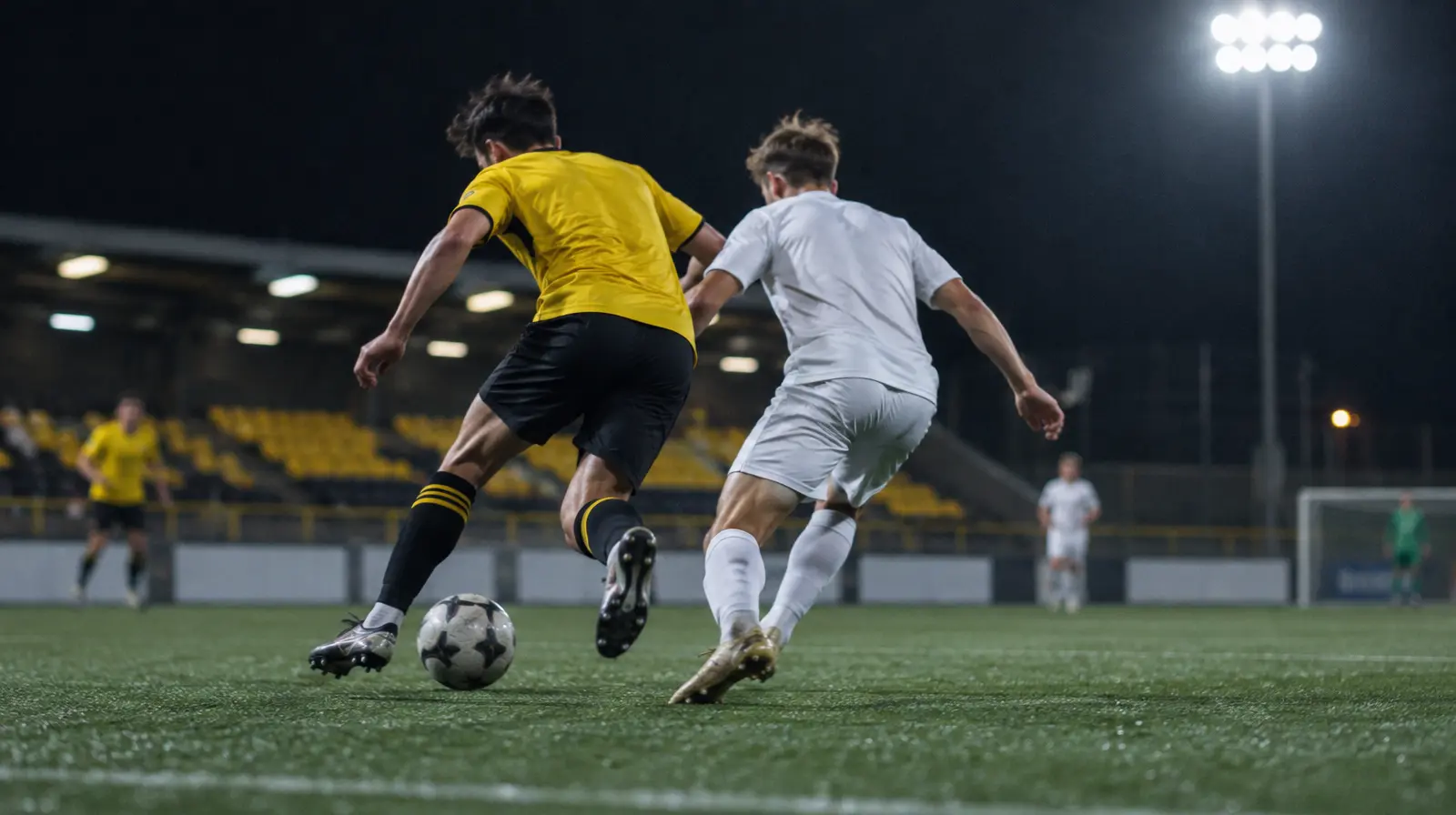 Två spelare kämpar om bollen på konstgräs i kvällsljus