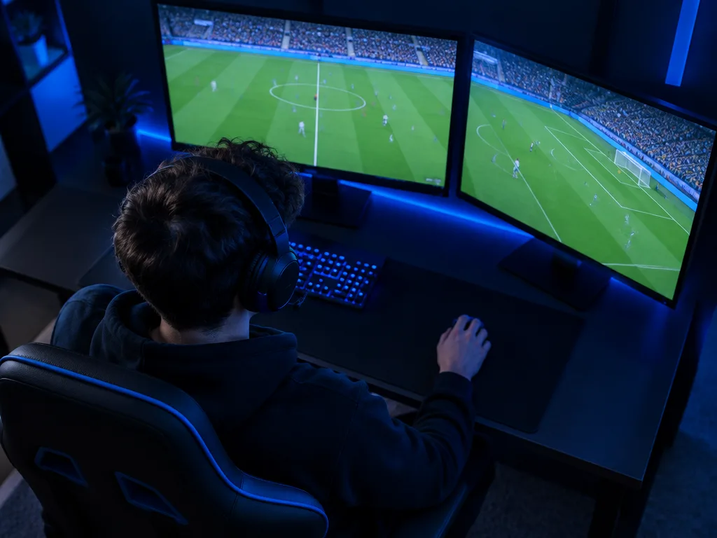 Ung man med headset framför två skärmar i ett mörkt spelrum